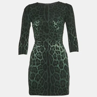 Pre-owned Dolce & Gabbana Green Leopard Print Silk Blend Mini Dress S