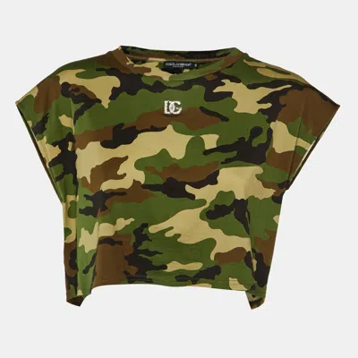 Pre-owned Dolce & Gabbana Green Logo Detail Camouflage Print Jersey Crop T-shirt S