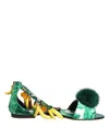 Dolce & Gabbana Green Mink Fur Satin Banana Leaf Sandals Shoes In Green