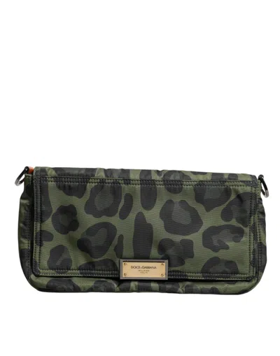 Dolce & Gabbana Green Nylon Leopard Print Shell Messenger Crossbody Men's Bag