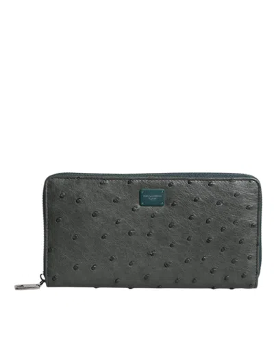 Dolce & Gabbana Green Ostrich Logo Plaque Zip Around Continental Men's Wallet