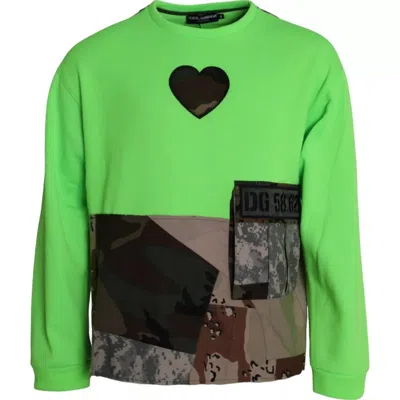 Pre-owned Dolce & Gabbana Green Patchwork Heart Crew Neck Pullover Men's Sweater ()