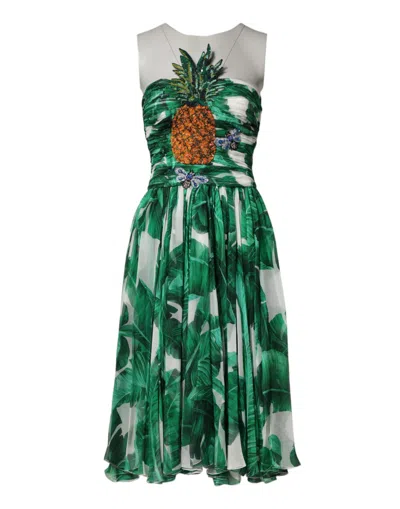 Dolce & Gabbana Green Pineapple Embellished Bananaleaf Dress