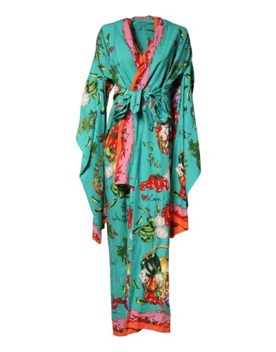 Pre-owned Dolce & Gabbana Green Printed Long Sleeve Wrap Coat Women's Dress ()