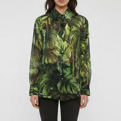 Pre-owned Dolce & Gabbana Green Printed Silk Sheer Shirt L
