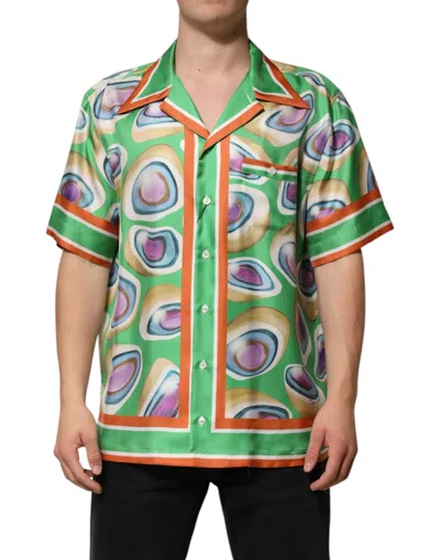 Pre-owned Dolce & Gabbana Green Printed Silk Short Sleeves Men Men's Shirt ()