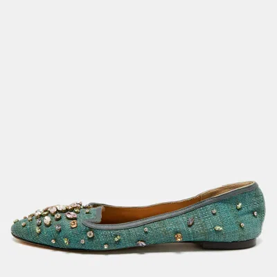 Pre-owned Dolce & Gabbana Green Raffia Crystal Embellished Smoking Slippers Size 40