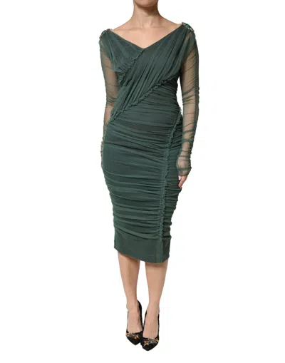 Pre-owned Dolce & Gabbana Green Ruched Mesh Sheer Sleeves Midi Women's Dress ()