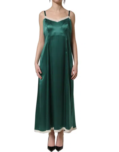 Pre-owned Dolce & Gabbana Green Satin Lace Trim Sleeveless Maxi Women's Dress ()