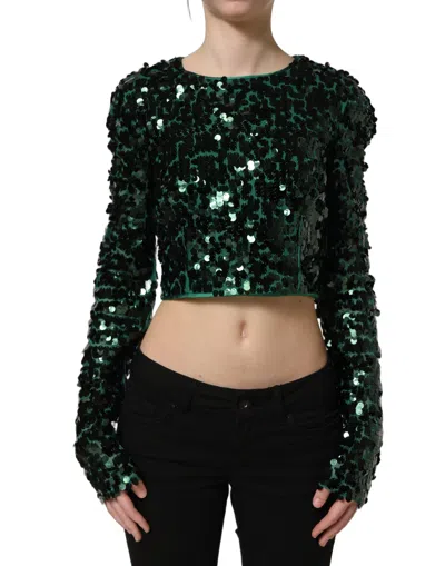 Dolce & Gabbana Green Sequined Long Sleeves Crop Blouse Women's Top