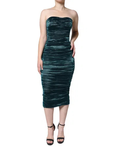 Pre-owned Dolce & Gabbana Green Silk Blend Satin Fitted Strapless Women's Dress ()