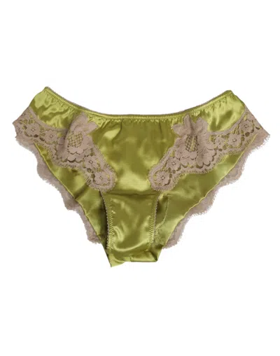Dolce & Gabbana Green Silk Satin Floral Lace Trim Panty Underwear Clothing In Brown