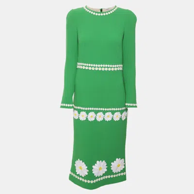 Pre-owned Dolce & Gabbana Green Stretch Crepe Daisy Embroidered Midi Dress M