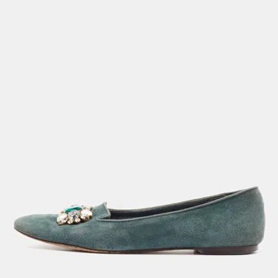Pre-owned Dolce & Gabbana Green Suede Crystal Embellished Flats Size 37