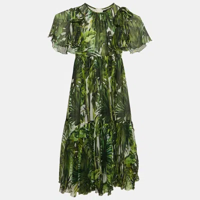 Pre-owned Dolce & Gabbana Green Tropical Print Silk Flounce Dress 7/8 Yrs