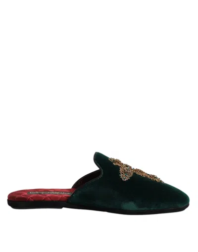 DOLCE & GABBANA GREEN VELVET CROSS EMBELLISHED SLIPPERS SHOES