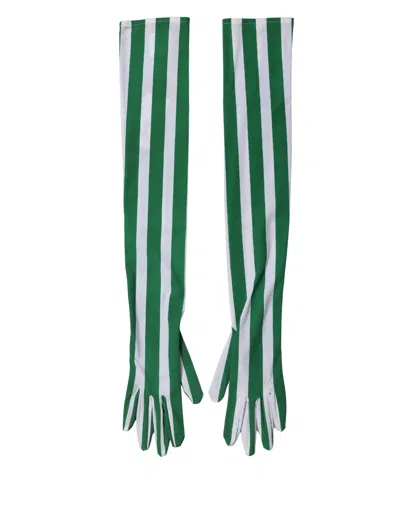 Dolce & Gabbana Green White Stripes Nylon Elbow Length Women Gloves In Neutral