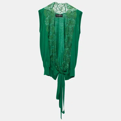 Pre-owned Dolce & Gabbana Green Wool & Lace Trimmed Sleeveless Wrap Top L