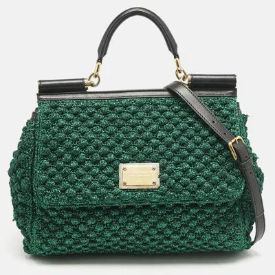 Pre-owned Dolce & Gabbana Green/black Crochet Lurex Fabric Large Miss Sicily Top Handle Bag