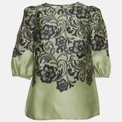 Pre-owned Dolce & Gabbana Green/black Floral Print Silk Puff Sleeves Top Xs