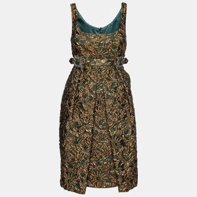 Pre-owned Dolce & Gabbana Green/gold Floral Brocade Sleeveless Dress M