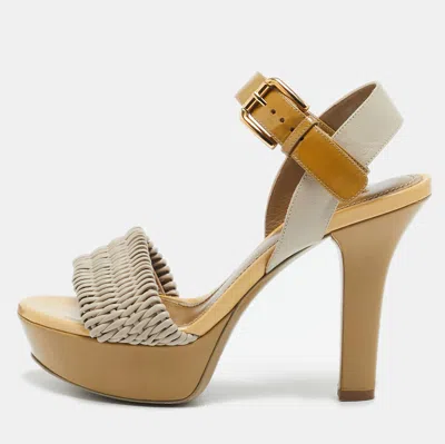 Pre-owned Dolce & Gabbana Green//grey Leather And Patent Leather Ankle Strap Sandals Size 38