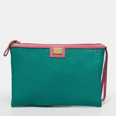 Pre-owned Dolce & Gabbana Green/pink Woven Pvc Wristlet Zip Pouch