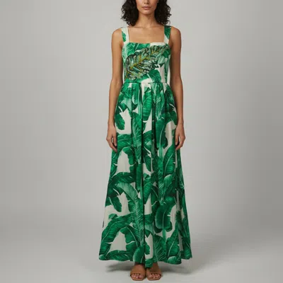 Pre-owned Dolce & Gabbana Green/white Palm Leaf Print Silk Embellished Gown M
