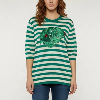 Pre-owned Dolce & Gabbana Green/white Striped Leaf Embroidered Knit T-shirt M
