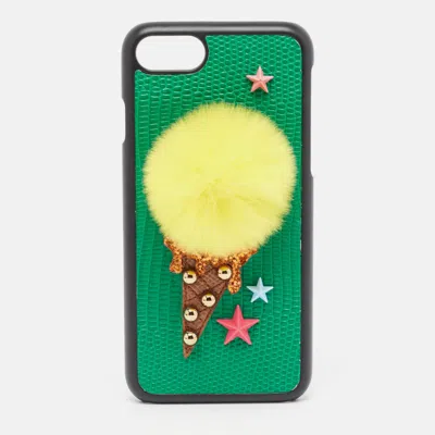 Pre-owned Dolce & Gabbana Green/yellow Lizard Embossed Leather Iphone 7 Cover