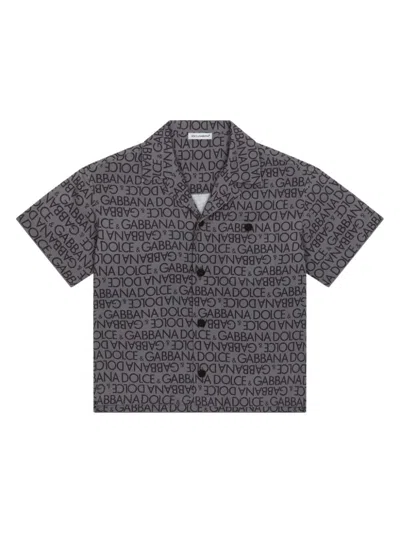 DOLCE & GABBANA GREY BOWLING SHIRT WITH ALL-OVER LOGO PRINT