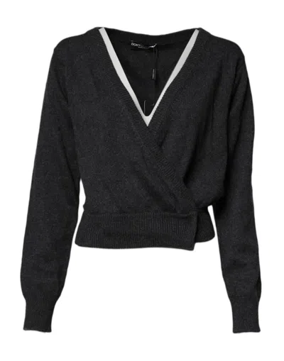 DOLCE & GABBANA DOLCE & GABBANA GREY CASHMERE DEEP V-NECK PULLOVER WOMEN'S SWEATER