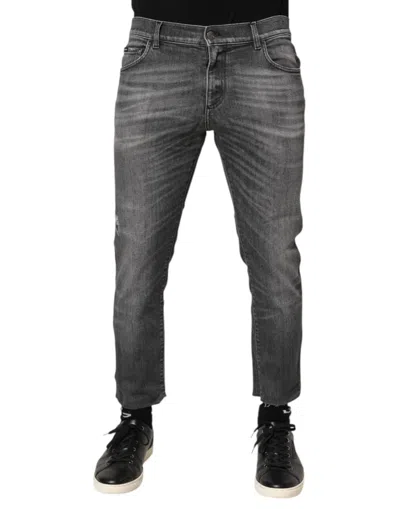 Pre-owned Dolce & Gabbana Grey Cotton Denim Slim Fit Distressed Pants Men's Jeans () In Gray