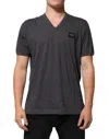 Dolce & Gabbana Grey Cotton V-neck Logo Plaque Melange T-shirt In Gray