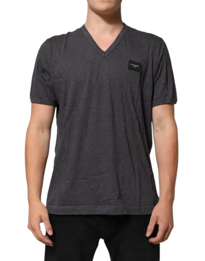 Dolce & Gabbana Grey Cotton V-neck Logo Plaque Melange T-shirt In Gray