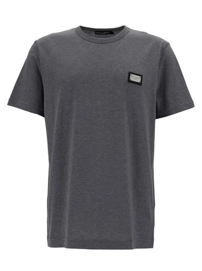 Dolce & Gabbana Grey Crewneck T-shirt With Logo Plaque In Cotton Man