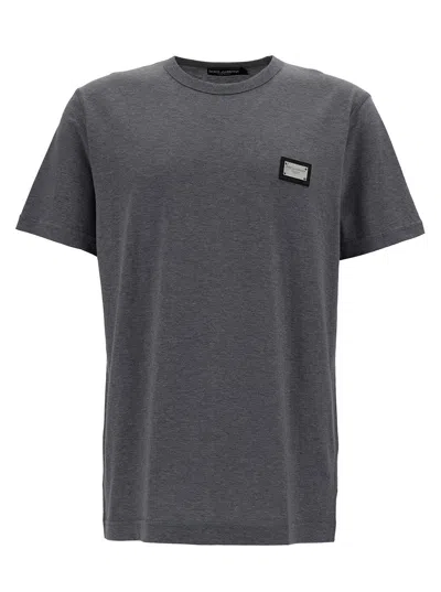 DOLCE & GABBANA DOLCE & GABBANA MEN GREY CREWNECK T-SHIRT WITH LOGO PLAQUE IN COTTON MAN