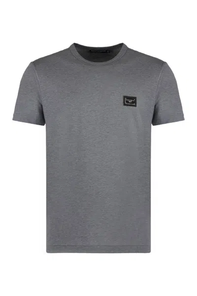 Dolce & Gabbana Grey Crewneck T-shirt With Logo Plaque In Cotton Man
