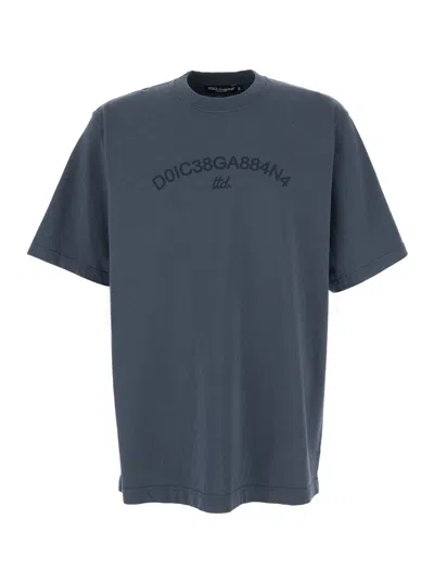 Dolce & Gabbana Grey Crewneck T-shirt With Tonal Logo Embroidery In Cotton Man In Blue