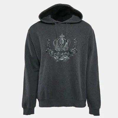 Pre-owned Dolce & Gabbana Grey Crown Embroidered Cotton Hoodie Xxl