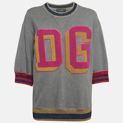 Pre-owned Dolce & Gabbana Grey Dg Applique Cotton Knit Oversized Sweatshirt Xs