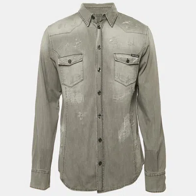 Pre-owned Dolce & Gabbana Grey Distressed Denim Gold Shirt Xxl In Gray