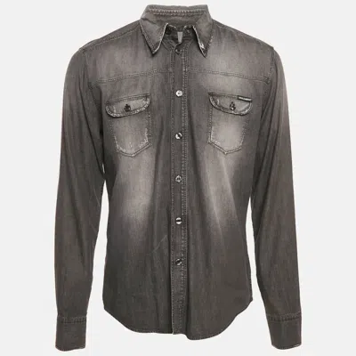 Pre-owned Dolce & Gabbana Grey Distressed Denim Long Sleeve Shirt L In Gray