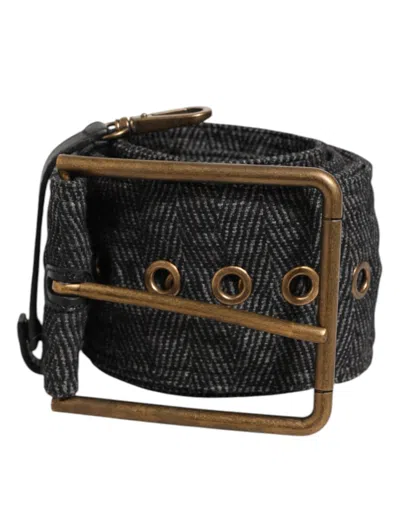 Dolce & Gabbana Grey Fabric Logo Plate Metal Brass Buckle Men's Belt In Gray
