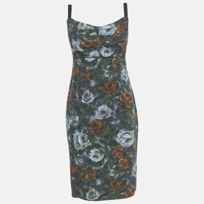 Pre-owned Dolce & Gabbana Grey Floral Print Crepe Sleeveless Short Dress M In Gray