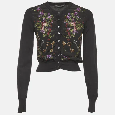 Pre-owned Dolce & Gabbana Grey Floral Print Silk And Knit Crop Cardigan M In Gray