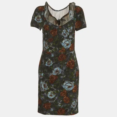 Pre-owned Dolce & Gabbana Grey Floral Print Silk Blend Scoop Neck Mini Dress M In Gray
