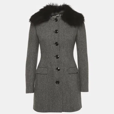 Pre-owned Dolce & Gabbana Grey Herringbone Wool Fur Collar Coat S In Gray