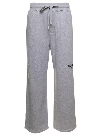 DOLCE & GABBANA GREY JOGGER PANTS WITH DRAWSTRING AND LOGO PRINT