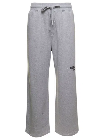 Dolce & Gabbana Grey Jogger Pants With Drawstring And Logo Print In Cotton Man In Gray